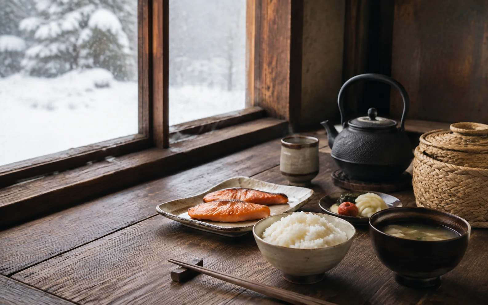 雪景色を望む窓辺に並ぶ、りんごジュースと朝食